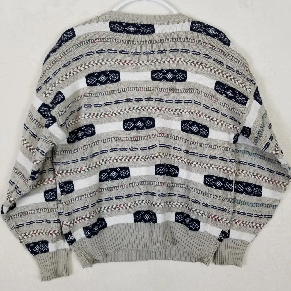 Giorgio di Firenze Men Vintage Geometric Knit Sweater Made in Italy Beige Navy M